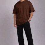 Model wearing coffee brown oversized t-shirt