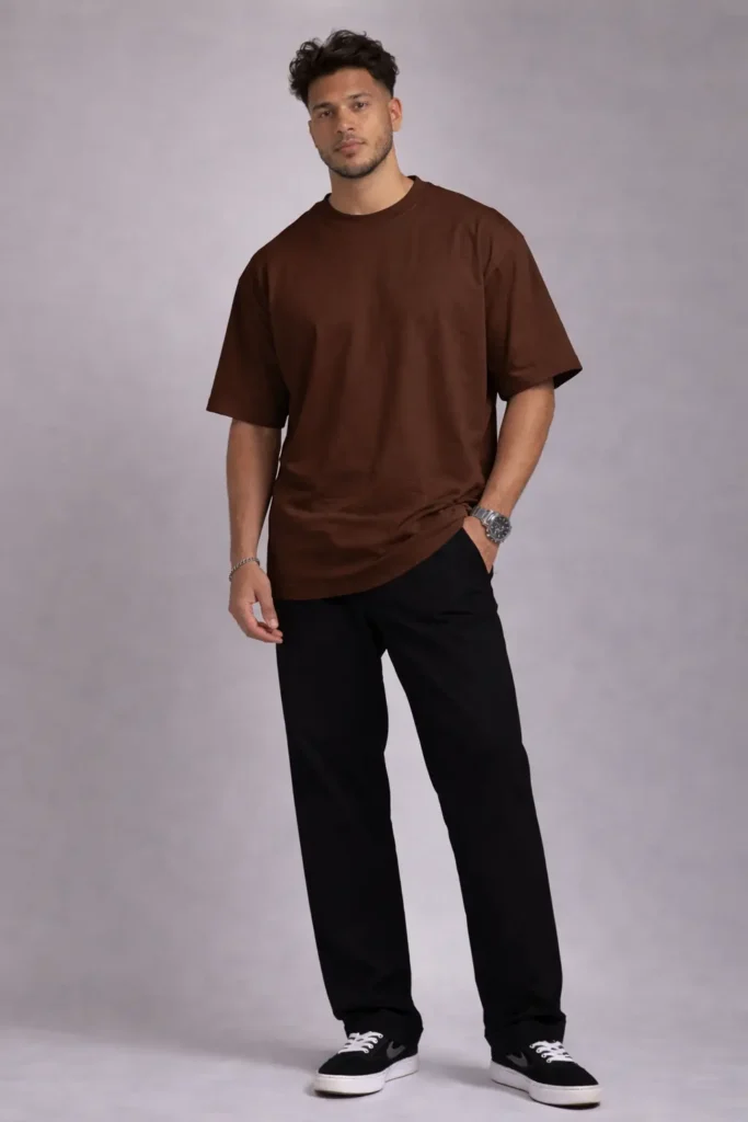 Model wearing coffee brown oversized t-shirt